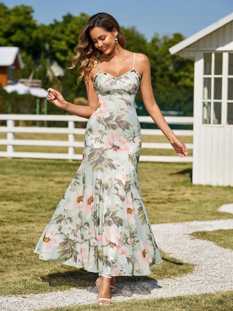 EYNMIN Floral Maxi Dress Lace Spaghetti Strap Flowy Ruffle Long Sundress 2026 Spring Summer Wedding Guest Dresses for Women - Image 2