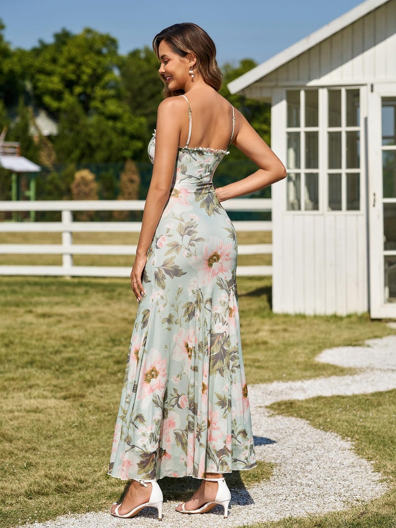 EYNMIN Floral Maxi Dress Lace Spaghetti Strap Flowy Ruffle Long Sundress 2026 Spring Summer Wedding Guest Dresses for Women - Image 3