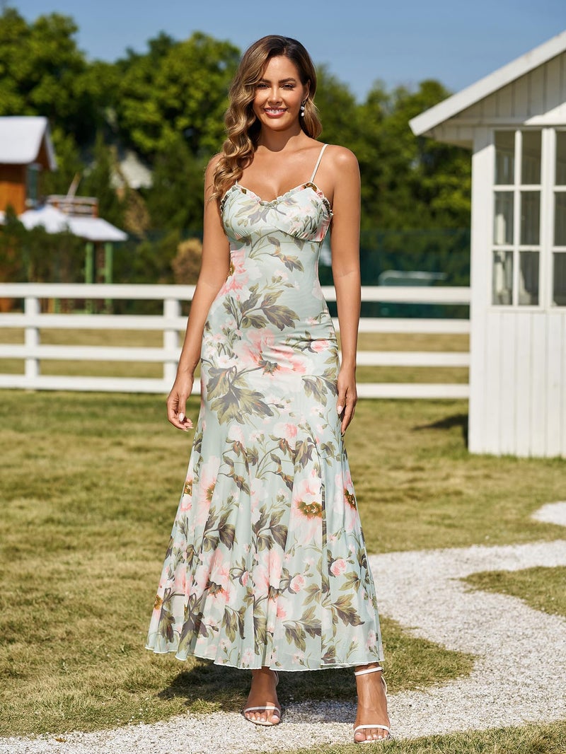 EYNMIN Floral Maxi Dress Lace Spaghetti Strap Flowy Ruffle Long Sundress 2026 Spring Summer Wedding Guest Dresses for Women - Image 4