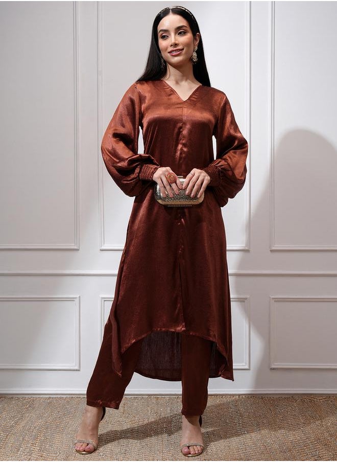 Vishudh Satin V-Neck Puffed Sleeves A-Line Kurta with Trousers by Styli  - Image 2