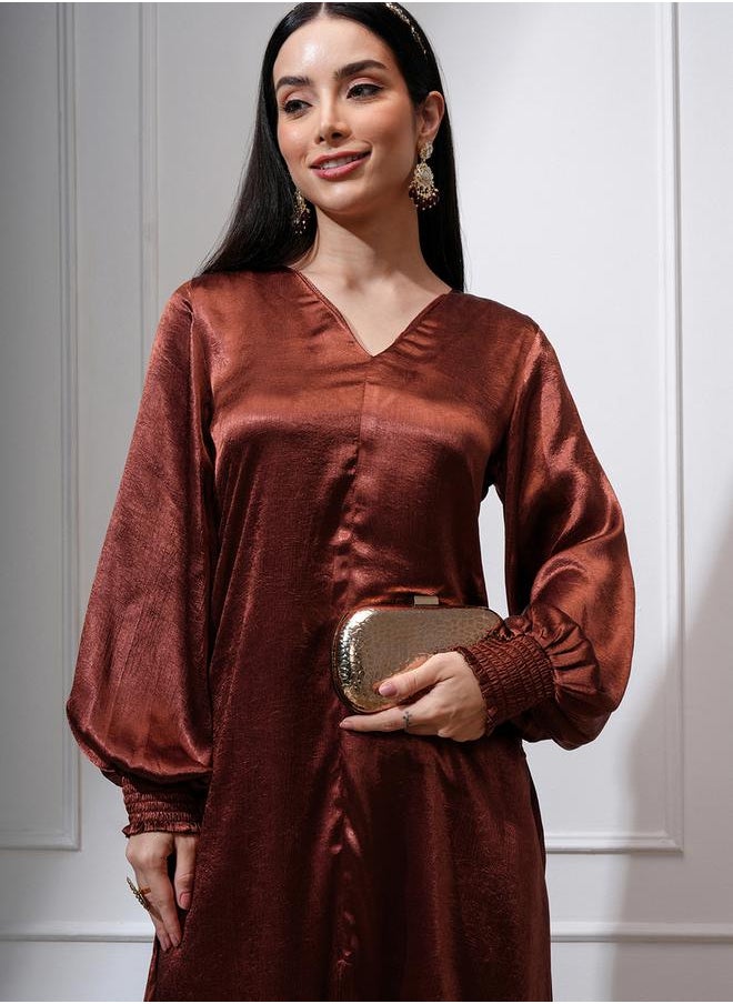 Vishudh Satin V-Neck Puffed Sleeves A-Line Kurta with Trousers by Styli  - Image 1