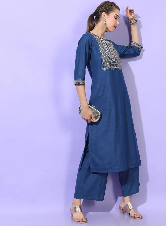 Vishudh Vishudh Women Teal Embroidered Kurta Set with Dupatta