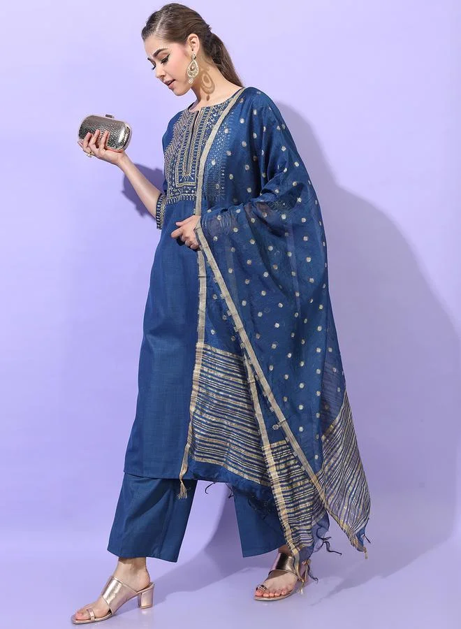 Vishudh Vishudh Women Teal Embroidered Kurta Set with Dupatta