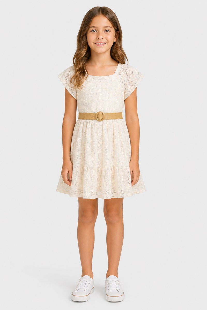 Willow & Whistle Kids Girl Textured Short Sleeve Dress, Off White - Image 1