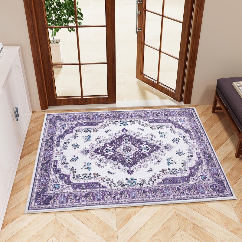 HOMORE Area Rug 2x3 Small Rugs for Bedroom, Purple Floral Rug for Entryway, Faux Wool Non Slip Washable Low Pile Indoor Doormat for Entance Kitchen Bedside, Lavender Vintage Rug for Room Decor - Image 1
