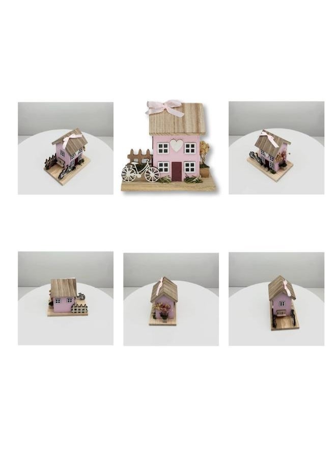 Generic - Wooden Decorative Piece – Pink House with Bicycle (Dimension: 14 cm*9 cm*12.5 cm) (200 gram) | A Delicate Touch of Elegance and Joy for Your Home - Image 1