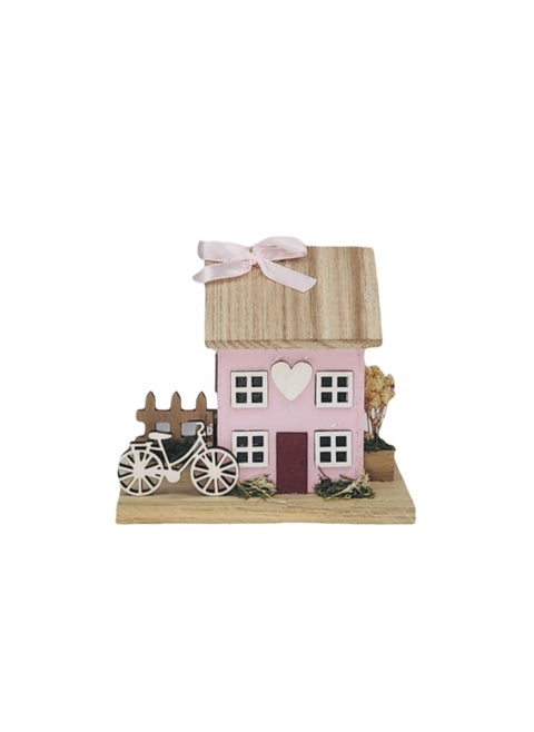 Wooden Decorative Piece – Pink House with Bicycle (Dimension: 14 cm*9 cm*12.5 cm) (200 gram) | A Delicate Touch of Elegance and Joy for Your Home