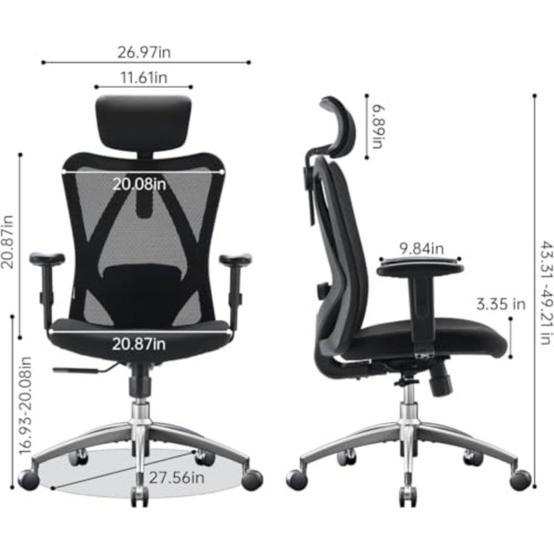 Home office gaming chair with breathable mesh back, pure black color, ergonomic adjustable headrest and lumbar support for long hours comfort - Image 2