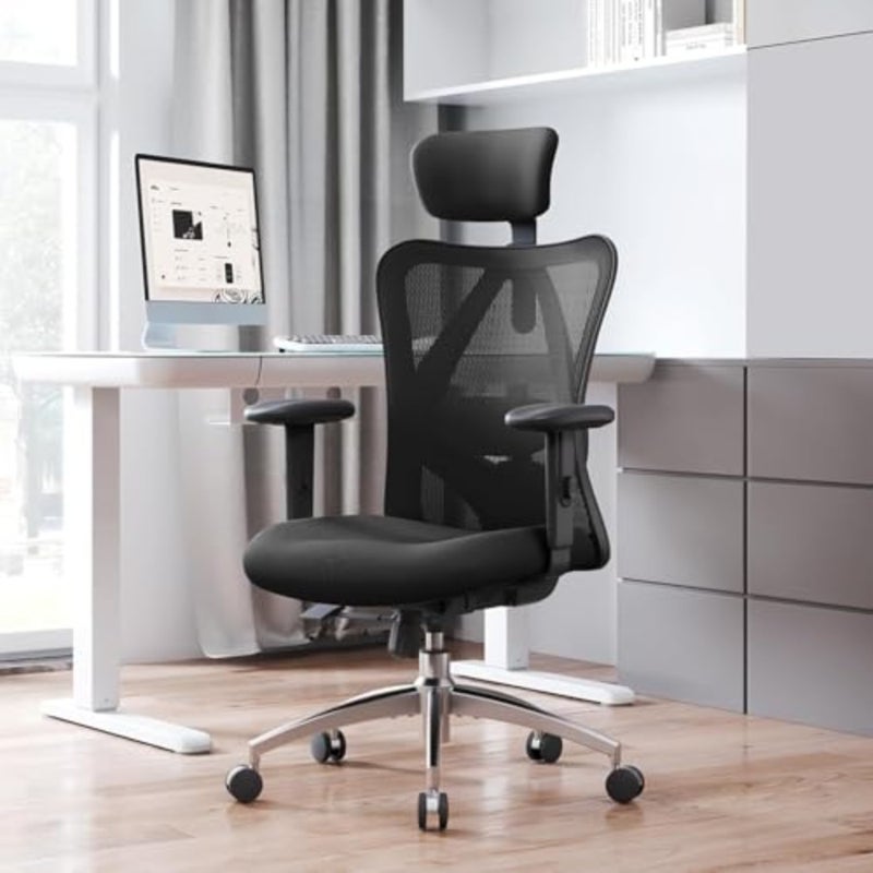 Home office gaming chair with breathable mesh back, pure black color, ergonomic adjustable headrest and lumbar support for long hours comfort - Image 3