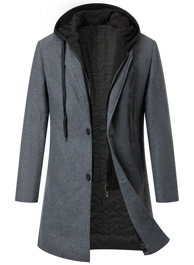 Loquat Men's Wool Blend Detachable Hooded Coat Thick Windbreaker Trench Soft Warm Coat Grey 