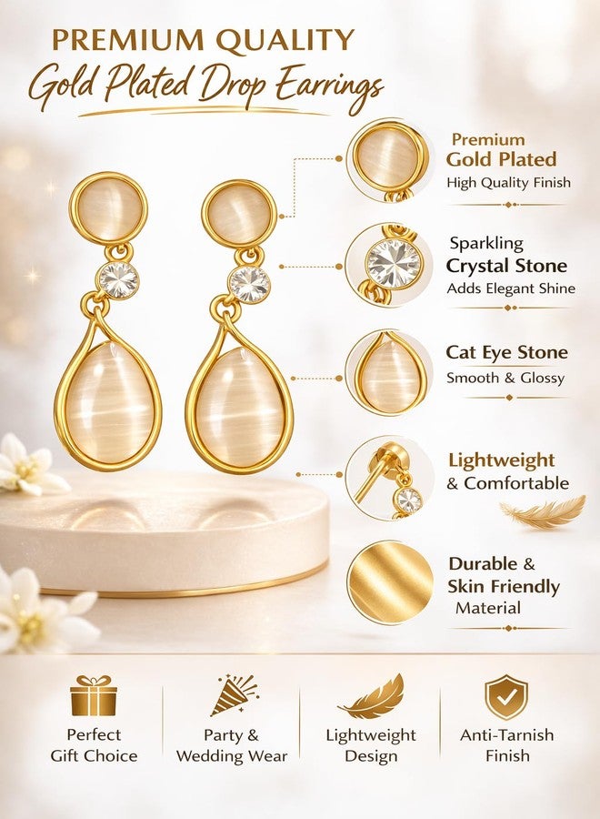 Highlark Gold Plated Cat Eye Stone Teardrop Drop Earrings for Women & Girls | Crystal Dangle Earrings | Lightweight Party, Wedding & Daily Wear Fashion Jewellery - Image 3