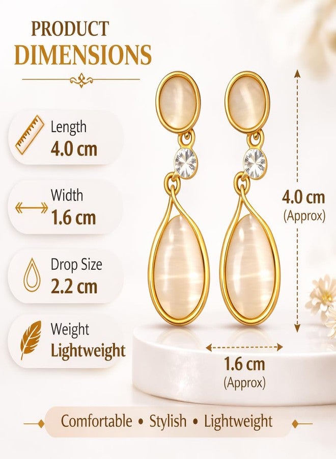Highlark Gold Plated Cat Eye Stone Teardrop Drop Earrings for Women & Girls | Crystal Dangle Earrings | Lightweight Party, Wedding & Daily Wear Fashion Jewellery - Image 2