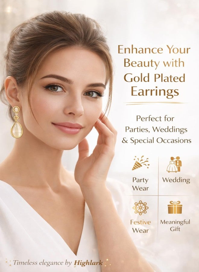 Highlark Gold Plated Cat Eye Stone Teardrop Drop Earrings for Women & Girls | Crystal Dangle Earrings | Lightweight Party, Wedding & Daily Wear Fashion Jewellery - Image 4