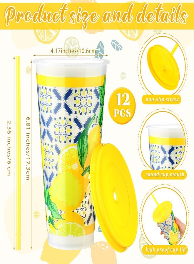 SiliFine 12 Pcs Capri Lemon Plastic Cups with Lids and Straws, Summer Italian Blue Tiles Lemon Cups Bulk Reusable for Birthday Baby Shower Mediterranean Positano Amalfi Coast Party Decor, 24 oz - Image 2