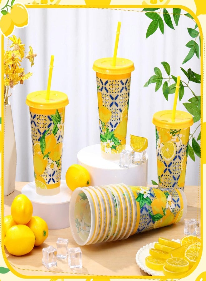 SiliFine 12 Pcs Capri Lemon Plastic Cups with Lids and Straws, Summer Italian Blue Tiles Lemon Cups Bulk Reusable for Birthday Baby Shower Mediterranean Positano Amalfi Coast Party Decor, 24 oz - Image 3