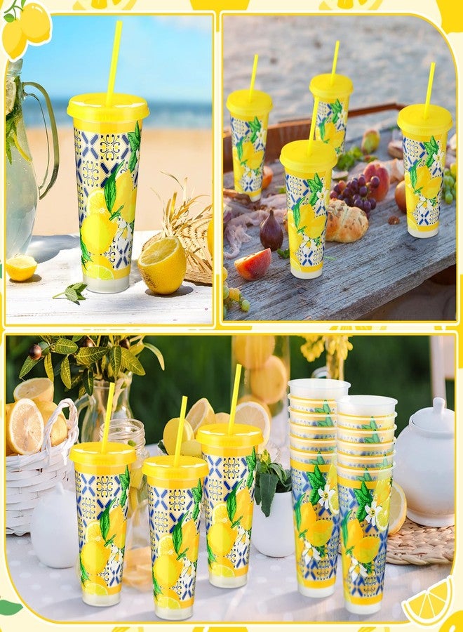 SiliFine 12 Pcs Capri Lemon Plastic Cups with Lids and Straws, Summer Italian Blue Tiles Lemon Cups Bulk Reusable for Birthday Baby Shower Mediterranean Positano Amalfi Coast Party Decor, 24 oz - Image 5