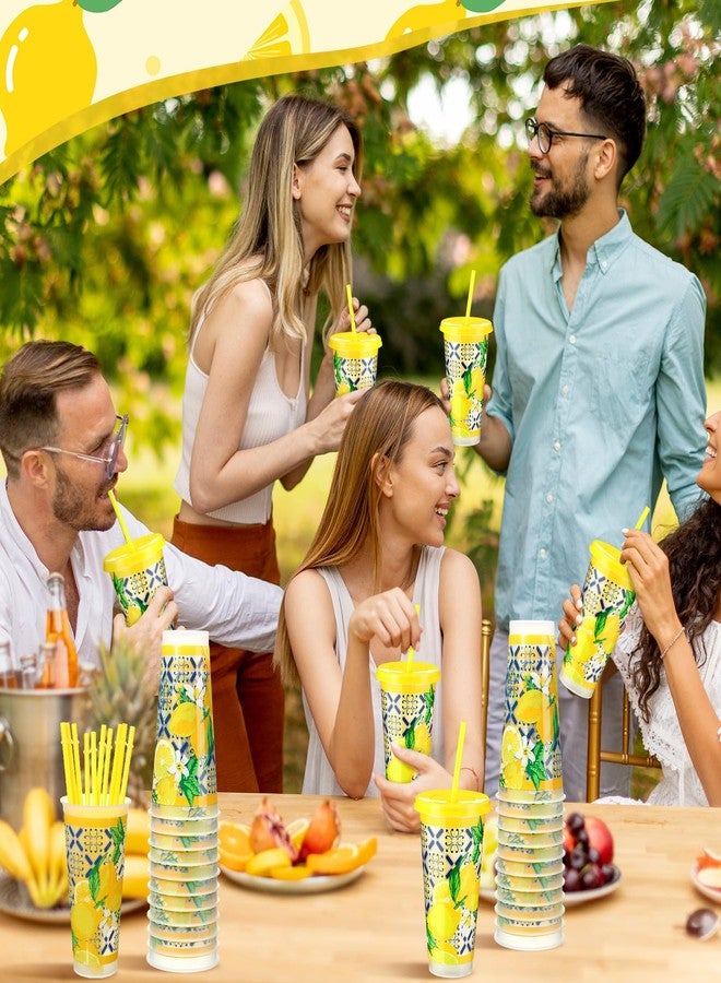 SiliFine 12 Pcs Capri Lemon Plastic Cups with Lids and Straws, Summer Italian Blue Tiles Lemon Cups Bulk Reusable for Birthday Baby Shower Mediterranean Positano Amalfi Coast Party Decor, 24 oz - Image 4