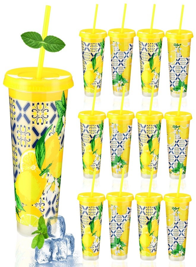 SiliFine 12 Pcs Capri Lemon Plastic Cups with Lids and Straws, Summer Italian Blue Tiles Lemon Cups Bulk Reusable for Birthday Baby Shower Mediterranean Positano Amalfi Coast Party Decor, 24 oz - Image 1