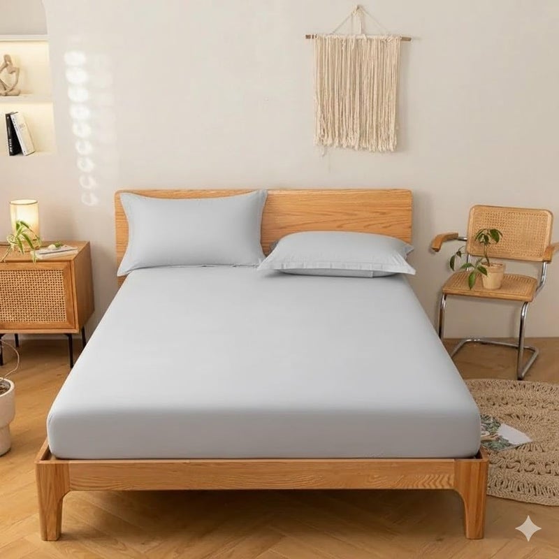 Khoyot Fitted sheet set plain cotton - 3 pieces (1 sheet - 1 pillow - 1 cushion) - Size (120cmx200cmx30cm) - Llight Gray