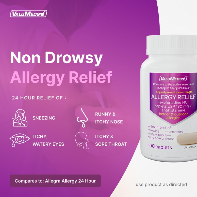 ValuMeds 100-Count Allergy Medicine Tablets | Fexofenadine HCl | Non-Drowsy Antihistamine for Hay Fever, Itchy Eyes | For Kids, Adults - Image 2
