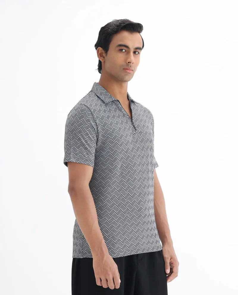 Rare Rabbit Rare Rabbit Men's Cabetta Black Cotton Fabric Collared Neck Zipper Closure Half Sleeves Jacquard Polo