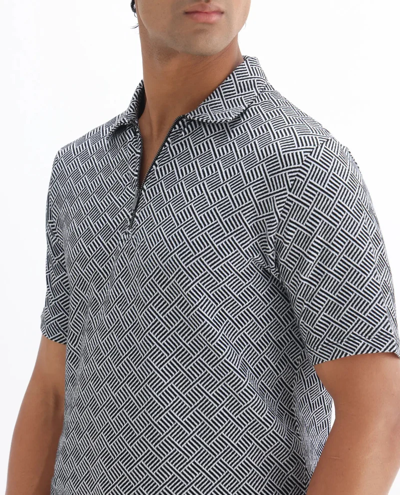 Rare Rabbit Rare Rabbit Men's Cabetta Black Cotton Fabric Collared Neck Zipper Closure Half Sleeves Jacquard Polo