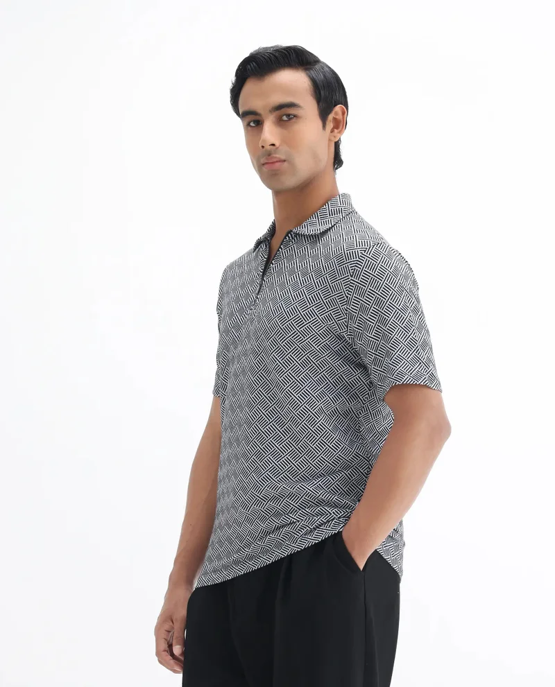 Rare Rabbit Rare Rabbit Men's Cabetta Black Cotton Fabric Collared Neck Zipper Closure Half Sleeves Jacquard Polo