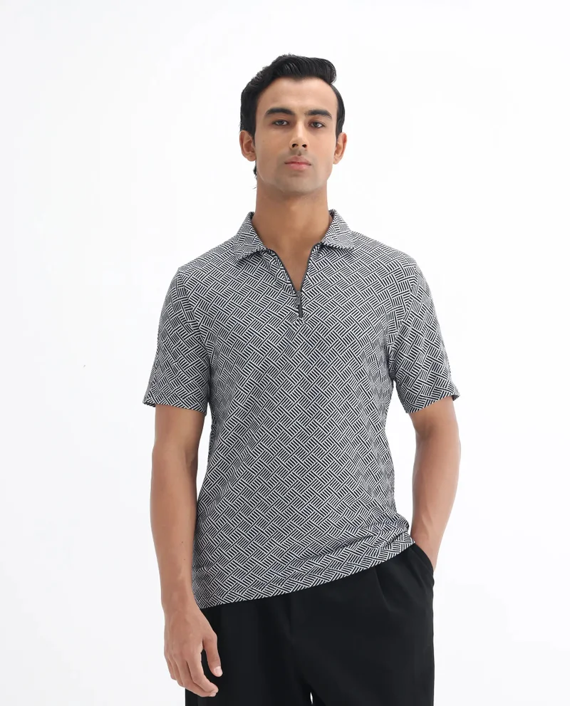 Rare Rabbit Rare Rabbit Men's Cabetta Black Cotton Fabric Collared Neck Zipper Closure Half Sleeves Jacquard Polo