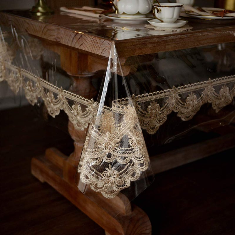 ARTABLE Vinyl PVC Rectangle Tablecloth Waterproof Clear Table Cover with Champagne Lace Macrame Border for Wedding Kitchen Home Outdoor Indoor Holidays Party Decor (Champag, 52 x 70 Inch) - Image 2