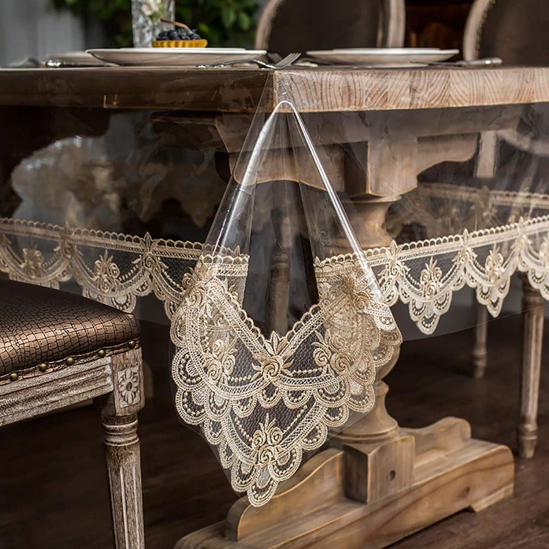 ARTABLE Vinyl PVC Rectangle Tablecloth Waterproof Clear Table Cover with Champagne Lace Macrame Border for Wedding Kitchen Home Outdoor Indoor Holidays Party Decor (Champag, 52 x 70 Inch) - Image 1