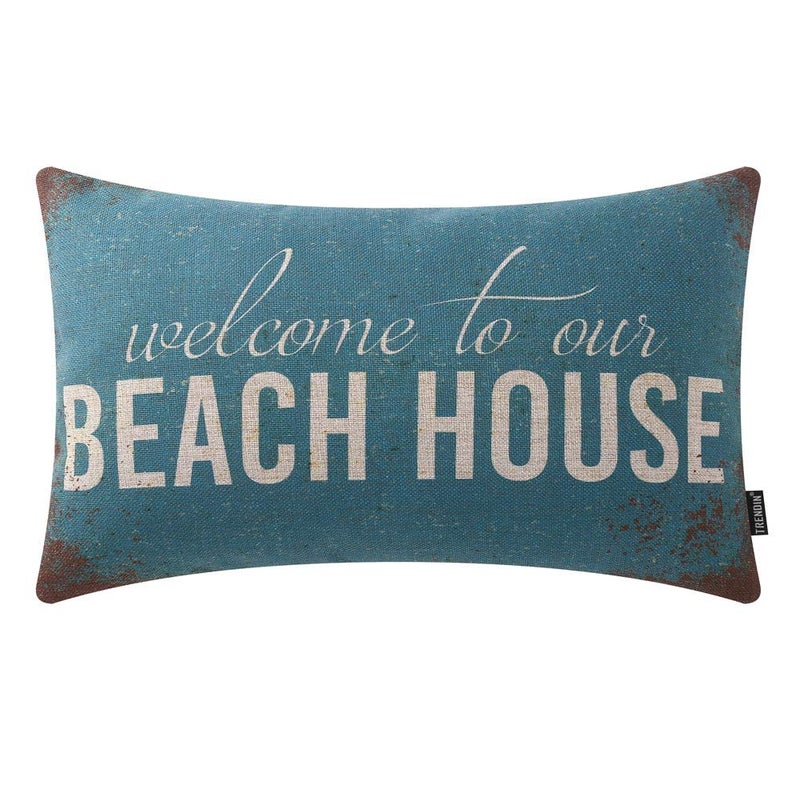 TRENDIN Welcome to Our Beach House Pillow Cover 20x12 Inch for Cabin Lodge Decor Couch Pillowcase Cotton Linen PL453TR - Image 1