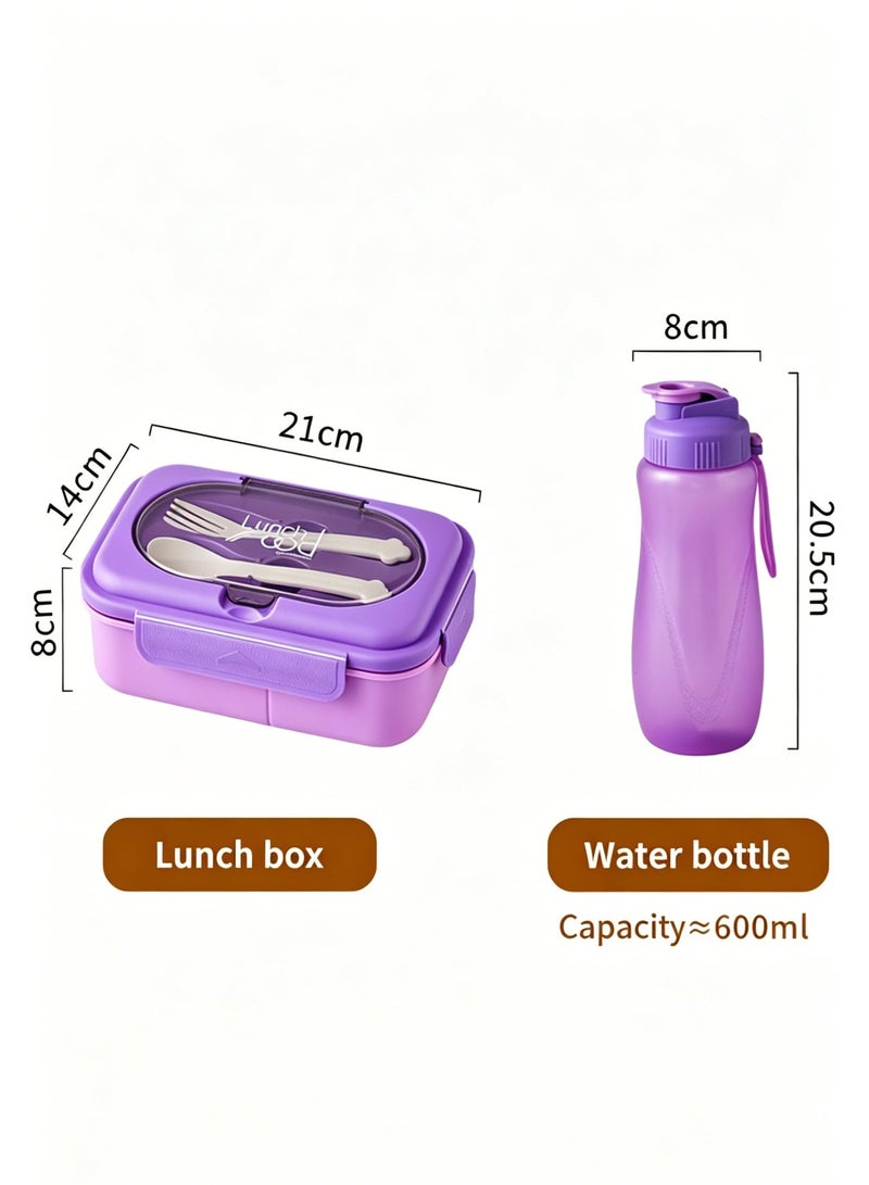 All-in-One Lunch Box & Water Bottle Set, Food-Grade Stainless Steel Bento Box with Compartments, Leak-Proof Water Bottle & Built-in Utensils, BPA-Free, Purple - Image 3