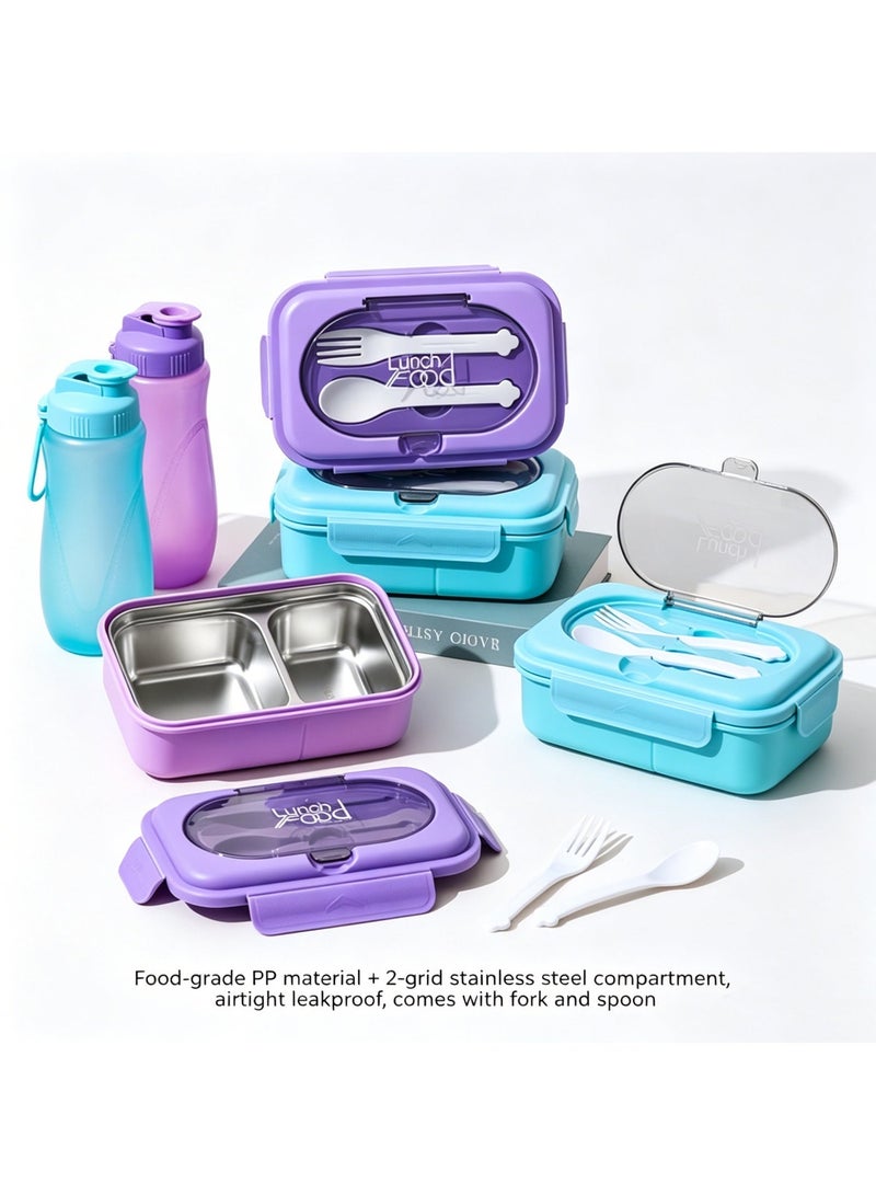 All-in-One Lunch Box & Water Bottle Set, Food-Grade Stainless Steel Bento Box with Compartments, Leak-Proof Water Bottle & Built-in Utensils, BPA-Free, Purple - Image 5