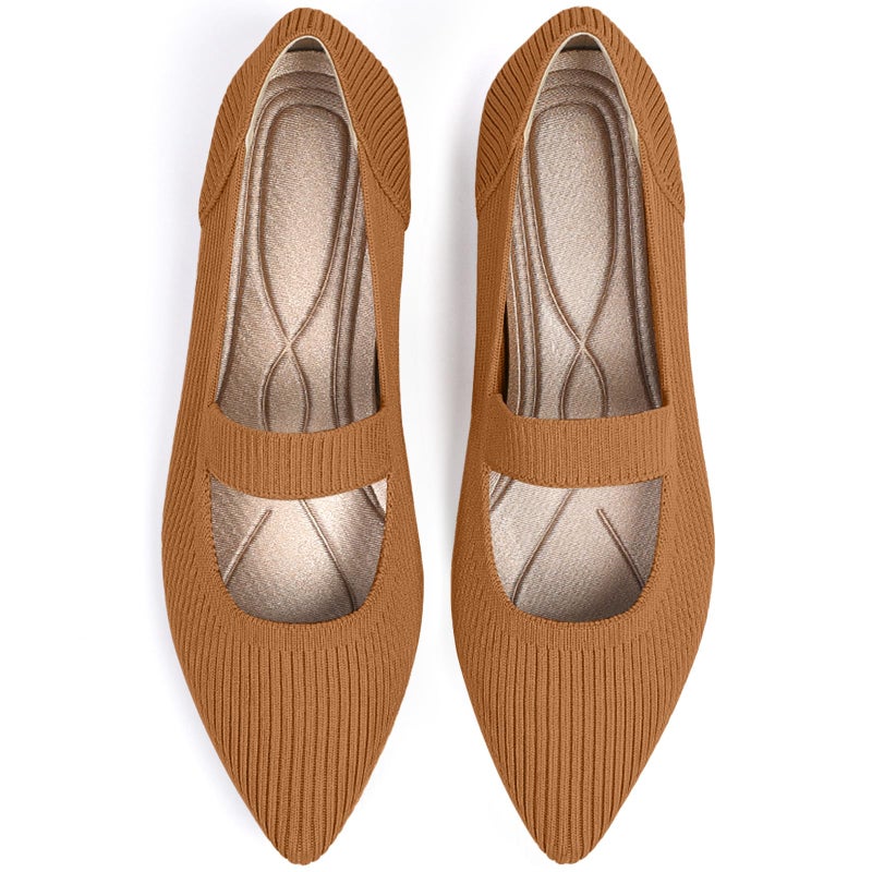 TINGRISE Women's Flats Shoes Pointed Toe Knit Washable Ballet Comfortable Dressy Mary Jane Flat Brown US8 - Image 1
