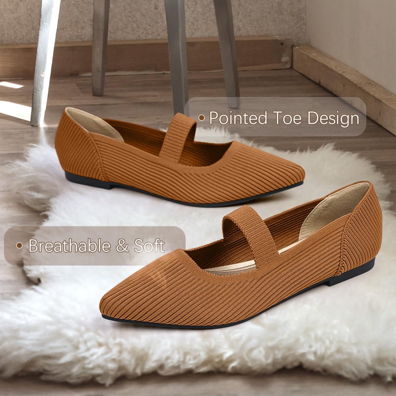 TINGRISE Women's Flats Shoes Pointed Toe Knit Washable Ballet Comfortable Dressy Mary Jane Flat Brown US8 - Image 5
