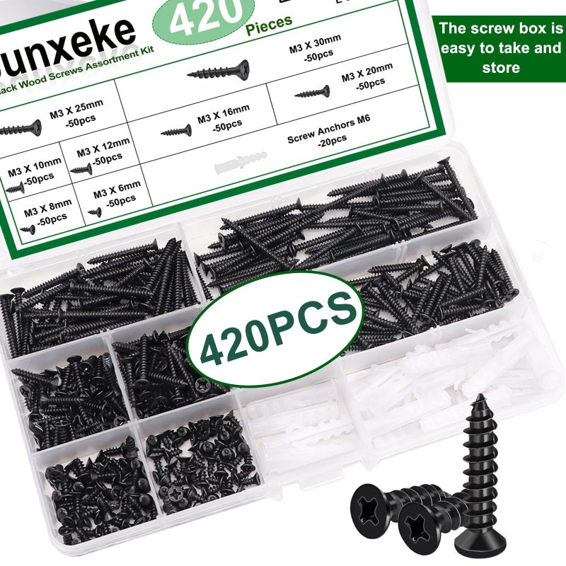 Sunxeke 420PCS M3 Small Wood Screws Assortment Kit,Phillips Drive Flat Head Self-Tapping Screws, Black Short Screws Set with 20pcs M6 Screw Anchors - Image 4