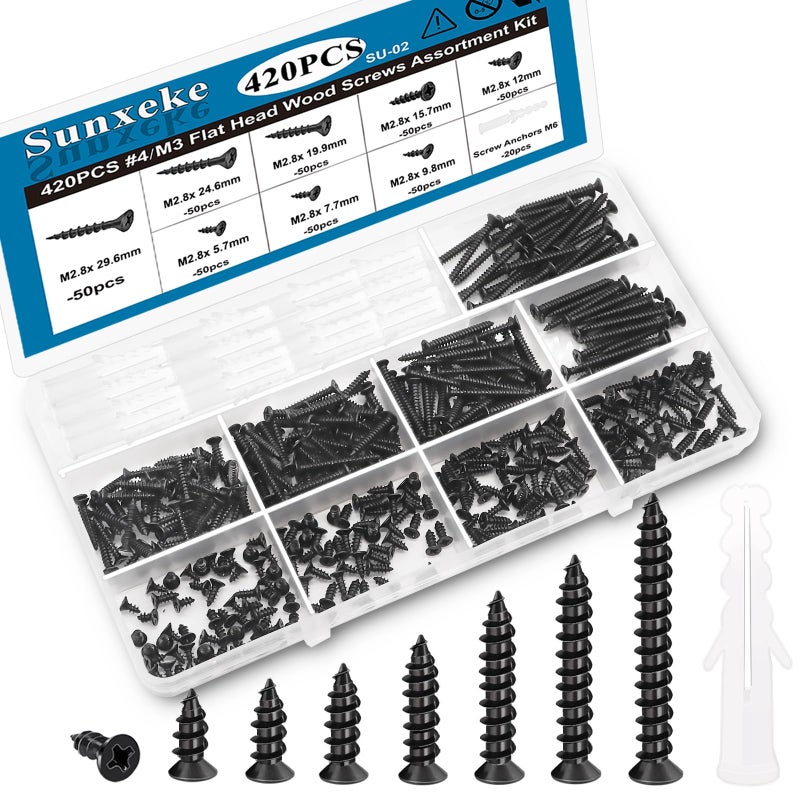Sunxeke 420PCS M3 Small Wood Screws Assortment Kit,Phillips Drive Flat Head Self-Tapping Screws, Black Short Screws Set with 20pcs M6 Screw Anchors - Image 1