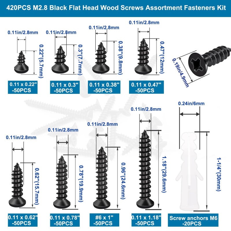 Sunxeke 420PCS M3 Small Wood Screws Assortment Kit,Phillips Drive Flat Head Self-Tapping Screws, Black Short Screws Set with 20pcs M6 Screw Anchors - Image 2