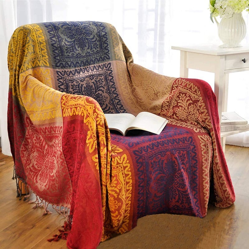 amorus Bohemian Throw Blankets Chenille Jacquard Tassels Soft Chair Cover for Bed Couch Decorative Sofa Throw Blankets  Colorful Tribal Pattern Red 60x75 Inches