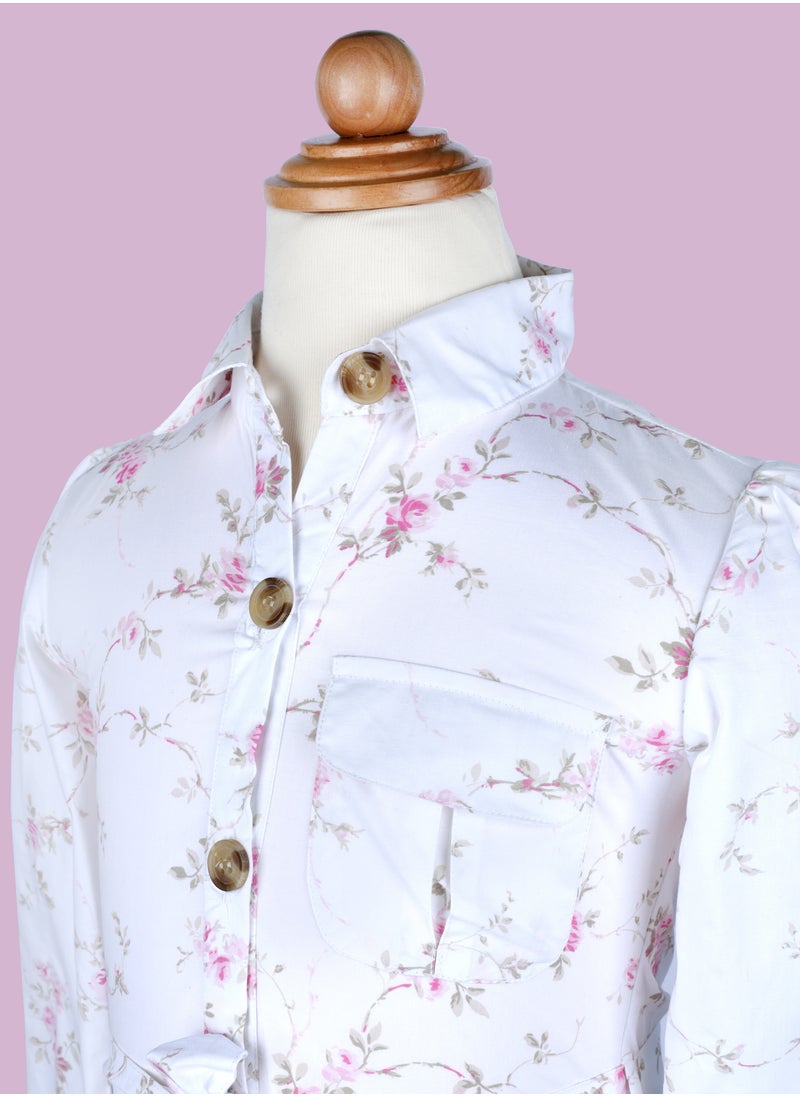 Generic Summer White Floral Print Rayon Girl's Frock Dress with Full Sleeves  - Image 1
