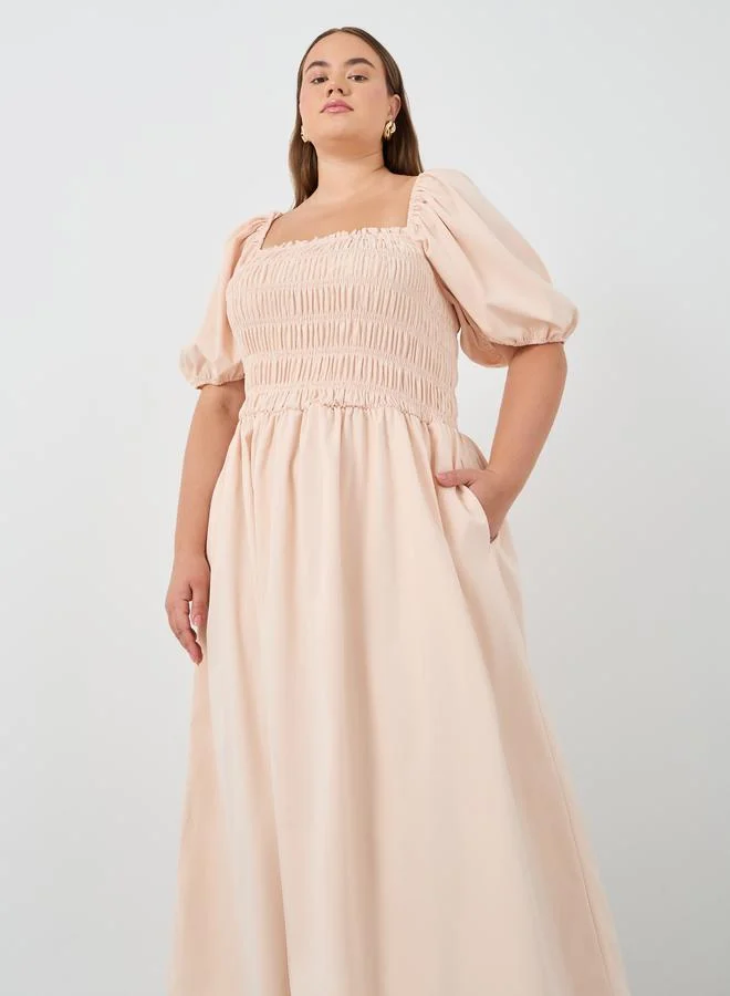 Styli Styli Plus Size Puff Sleeve Smocked Detail A-Line Midi Dress