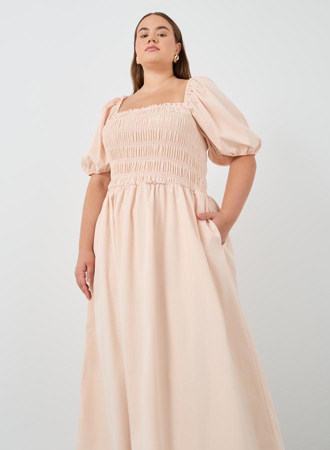 Styli Plus Size Puff Sleeve Smocked Detail A-Line Midi Dress - Image 3