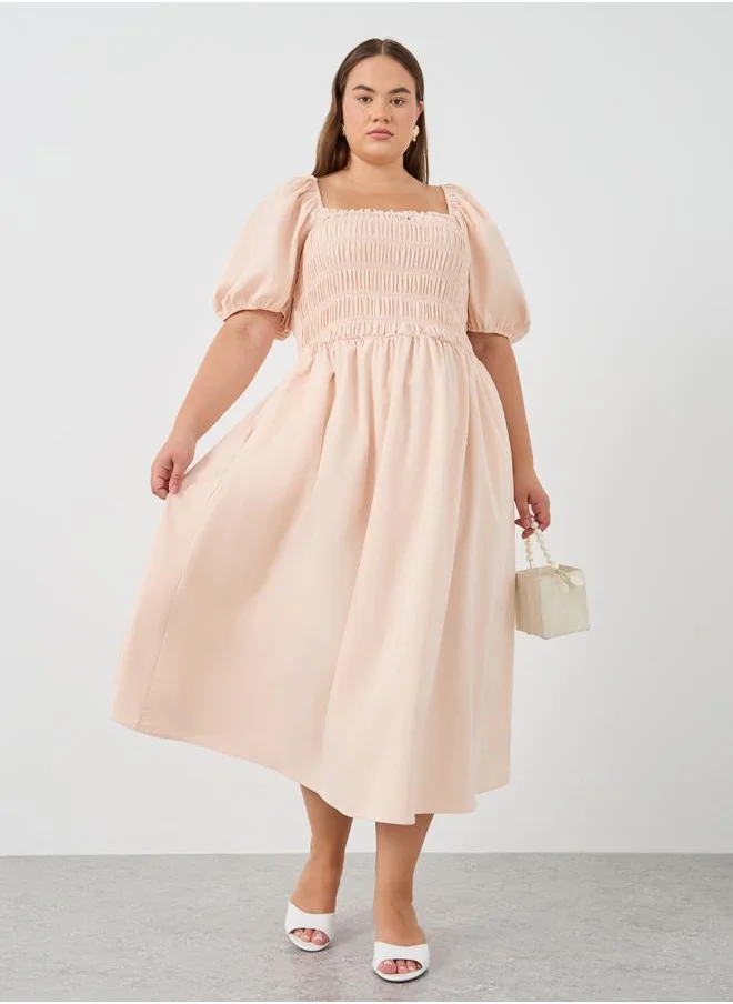 ستايلي Styli Plus Size Puff Sleeve Smocked Detail A-Line Midi Dress
