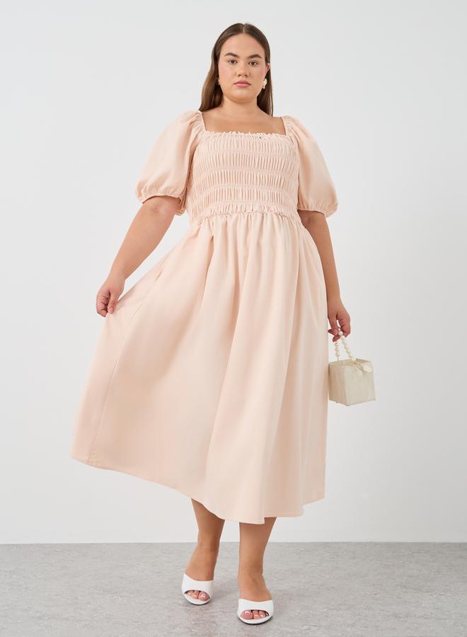 Styli Plus Size Puff Sleeve Smocked Detail A-Line Midi Dress - Image 1