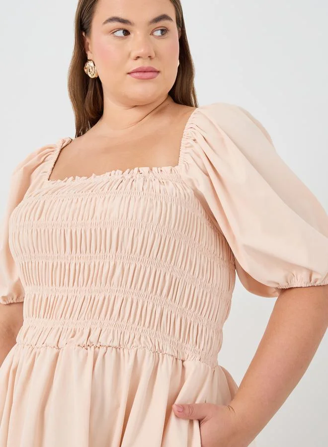 Styli Styli Plus Size Puff Sleeve Smocked Detail A-Line Midi Dress
