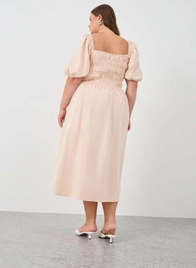 Styli Styli Plus Size Puff Sleeve Smocked Detail A-Line Midi Dress