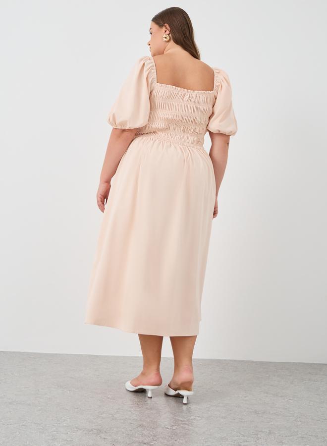 Styli Plus Size Puff Sleeve Smocked Detail A-Line Midi Dress - Image 5