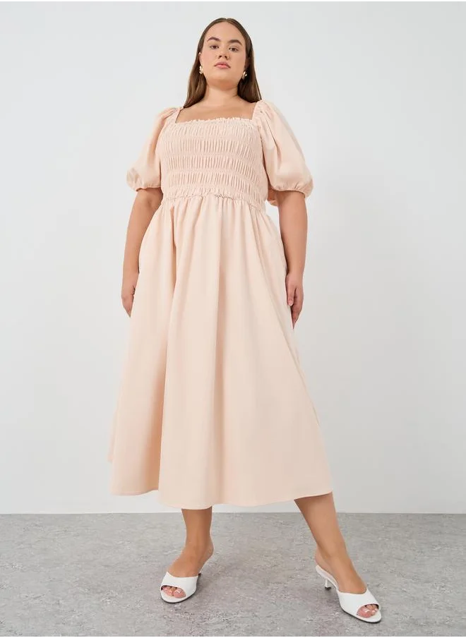 ستايلي Styli Plus Size Puff Sleeve Smocked Detail A-Line Midi Dress