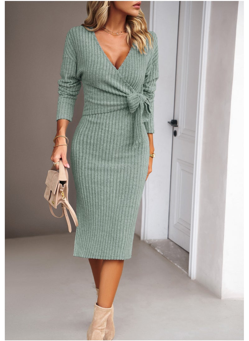 Loquat Squality Autumn And Winter Independent Station V-neck Long Sleeve Knitted Tie Dress Green  - Image 1