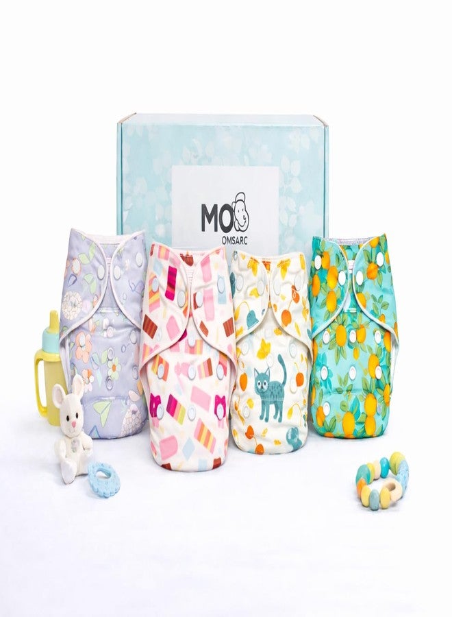 MOMSARC Cotton Cloth Diapers for Babies | Washable & Reusable Diapers for Newborn | Free Size 0-3 Years | Leak Proof Cloth Diaper with Quick Dry Pad & 4 Inserts | Rash-Free | Multicolor (Pack of 4) - Image 1